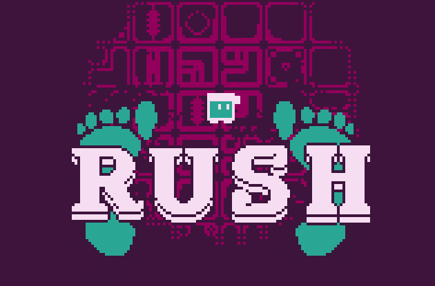 Game logo "RUSH" with two pixelated feet marks, a small player character in the background