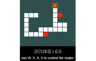 Screenshot of the game. White, squarish snake and 2 red balls next to it.