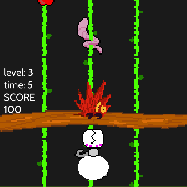 Screenshot of the game, 3 vertical ropes, spider on the middle one, above a spiky creature and a worm